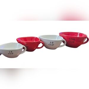 Set of 4 Red and White Ceramic Stackable Measuring Cups with Handles
